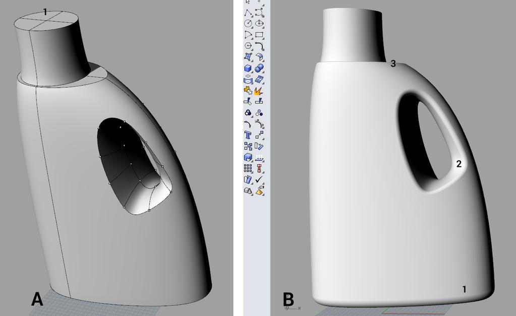 Selezioniamo tutto e implodiamo il solido con il comando dal menù a tendina Solidi>Crea solido (fig.15/a). Procediamo con il raccordo dello spigolo della base (raggio 10mm, fig.