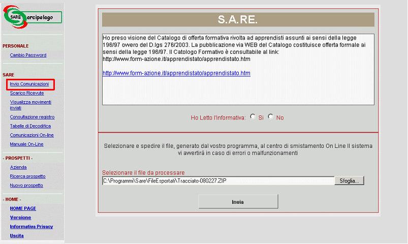 Nota informativa sulla funzionalità invio massivo delle comunicazioni e scarico massivo delle ricevute Quando viene sottoposto a SARE Server un file zippato contenente una o più comunicazioni xml il