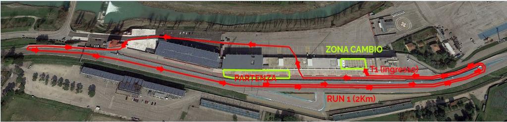 2 frazione - Bike: 10 km (linea azzurra) Dislivello complessivo: 105 mt Si esce dalla Zona Cambio e tramite la Pit Lane si accede alla pista.
