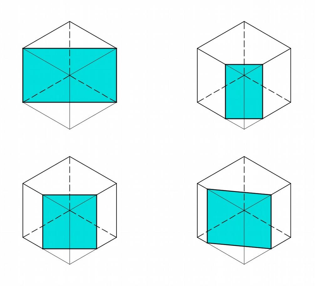 Sezione di solidi elementari Sezioni del cubo Se il piano sezionante è obliquo rispetto a due facce del cubo e perpendicolare rispetto alle altre