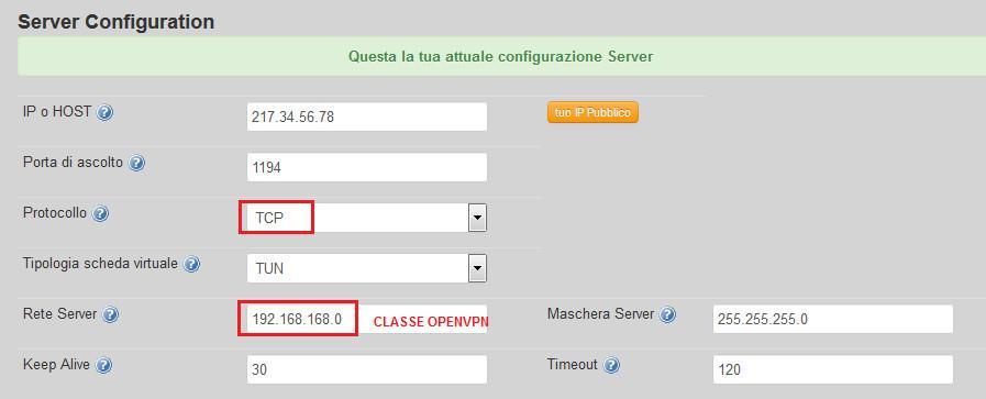 6. Nella pagina successiva inserire i dati richiesti: IP: indirizzo IP pubblico dell ADSL con il quali il Nexi si presenta su Internet Porta di ascolto: default 1194 (porta usata dall OpenVPN)