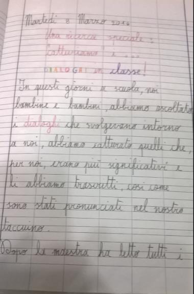 2) In classe l insegnante legge alcuni dialoghi registrati dai bambini nel loro taccuino e, collettivamente, si procede alla ricostruzione delle situazioni comunicative e