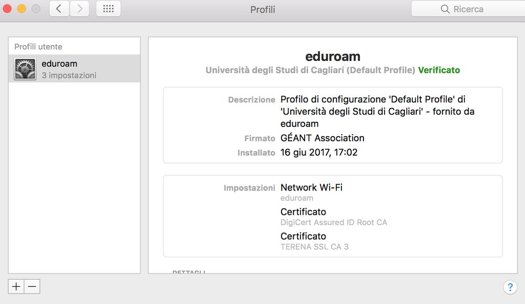 Una volta installato il profilo il tuo
