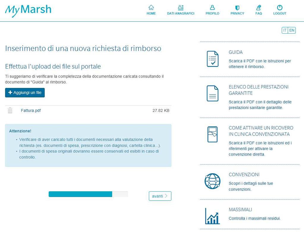 Inserimento di una pratica di rimborso Step 5 In questa sezione ti verrà chiesto di caricare tutti i documenti relativi alla spesa di cui intendi chiedere il