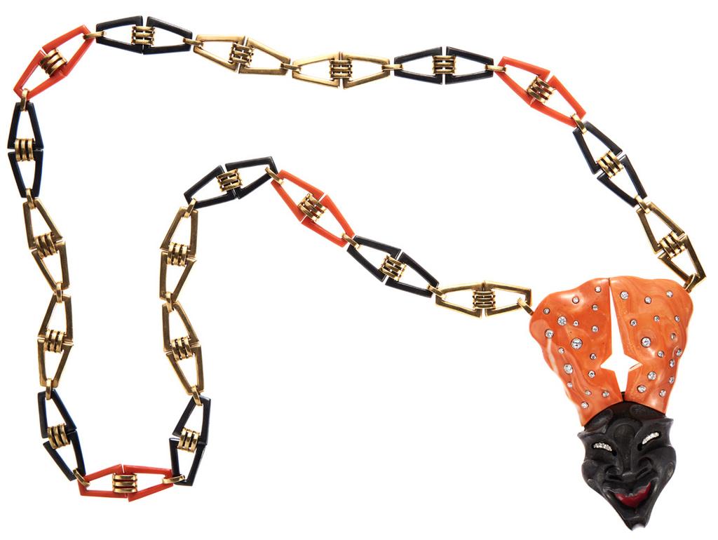 49 ROMOLO GRASSI GOLD, ONYX, CORAL, JET AND DIAMOND NECKLACE, ROMOLO GRASSI Collana in oro giallo 18kt a maglie trapezoidali alternate a maglie in