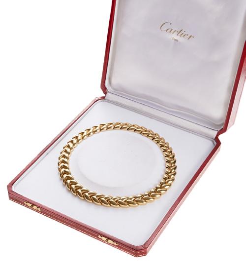 50 50 CARTIER GOLD NECKLACE, CARTIER Collana a spiga in oro giallo 18kt, gioiello numerato e firmato accompagnato da certificato Cartier Paris e astuccio originale Peso gr 121 Lunghezza cm 43 Stima