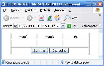 Esempio <body> <table border="2" align="center"> <tr> <td><center>num1</center></td> <td><center>num2</center></td> <td><center>ris</center></td> </tr> <tr> <td><center><input type="text" size="12"