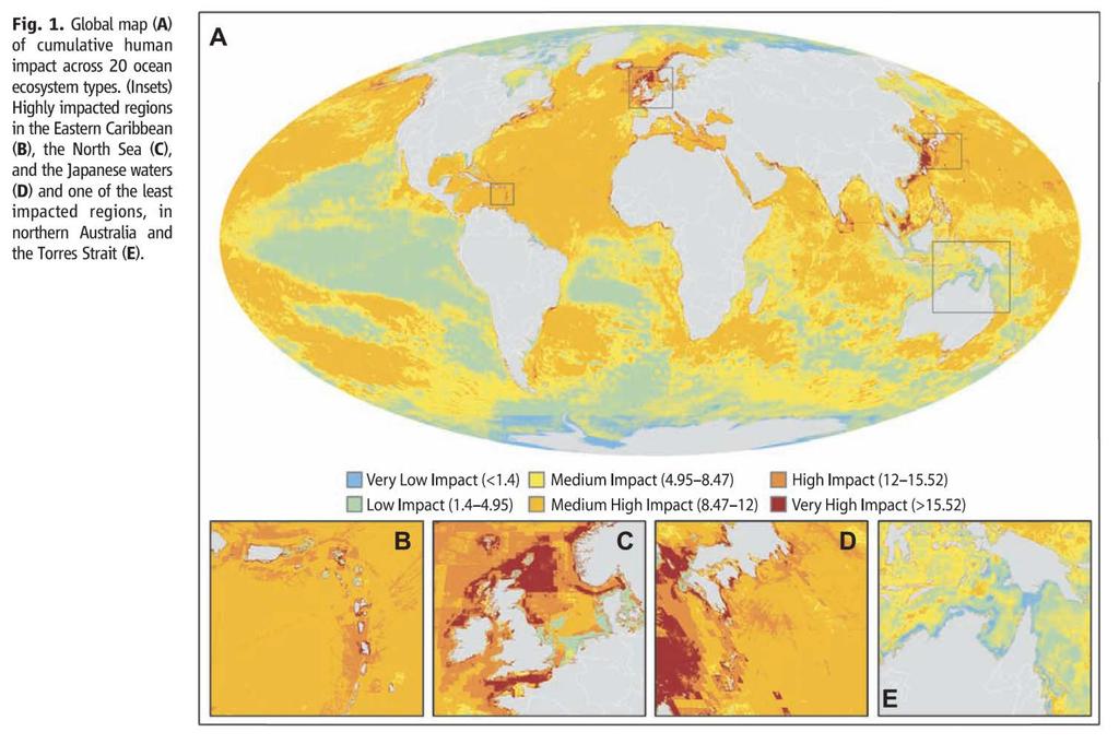 Gli impatti cumulati sull oceano Gray: total area (km 2 ) Black: total weighted pixels Halpern B.