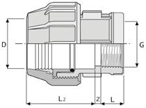 601 RACCORDO FEMMINA DxG L L2 Z g Ref. Pack Box Euro 16x1/2 19 45 4 30 GQ.601.16B.00 20 500 1,46 20x1/2 19 50 5 41 GQ.601.20B.00 20 400 1,71 20x3/4 21 50 6 47 GQ.601.20C.