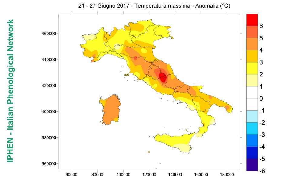 Fig. 2 - Precipitazioni cumulate nel periodo in esame. Total precipitation for the analyzed period. Fig. 3 Anomalia della temperatura massima nel periodo in esame rispetto alla media 1993-2010.