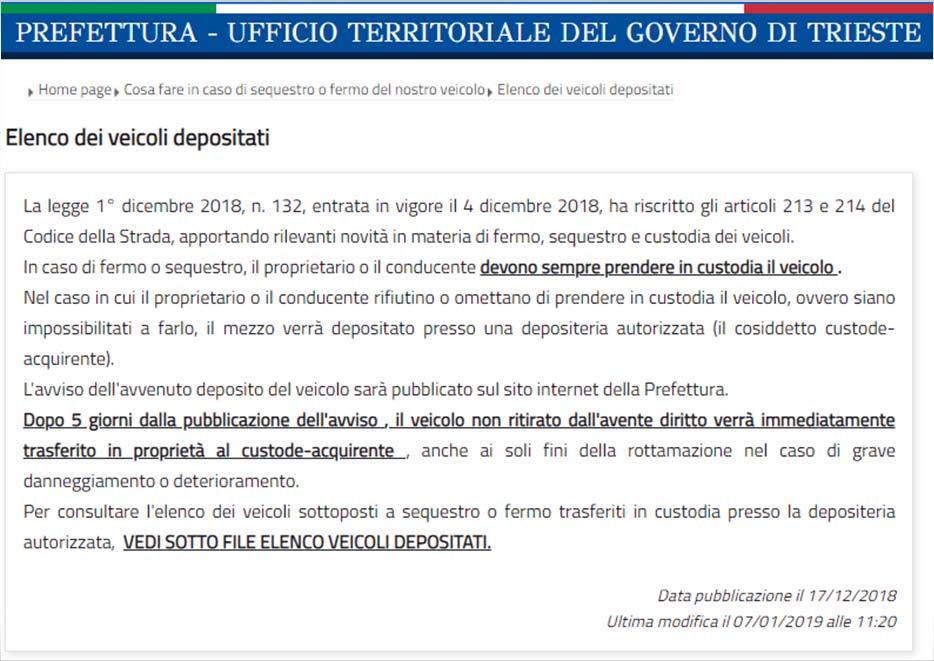 custodia, il veicolo è trasferito in proprietà al