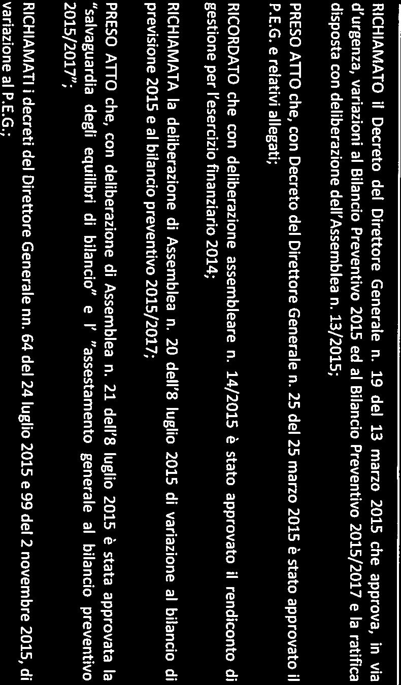 13/2015; PRESO ATTO che, con Decreto del Direttore Generale n. 25 del 25 marzo 2015 è stato approvato il P.E.G. e relativi allegati; RICORDATO che con deliberazione assembleare n.