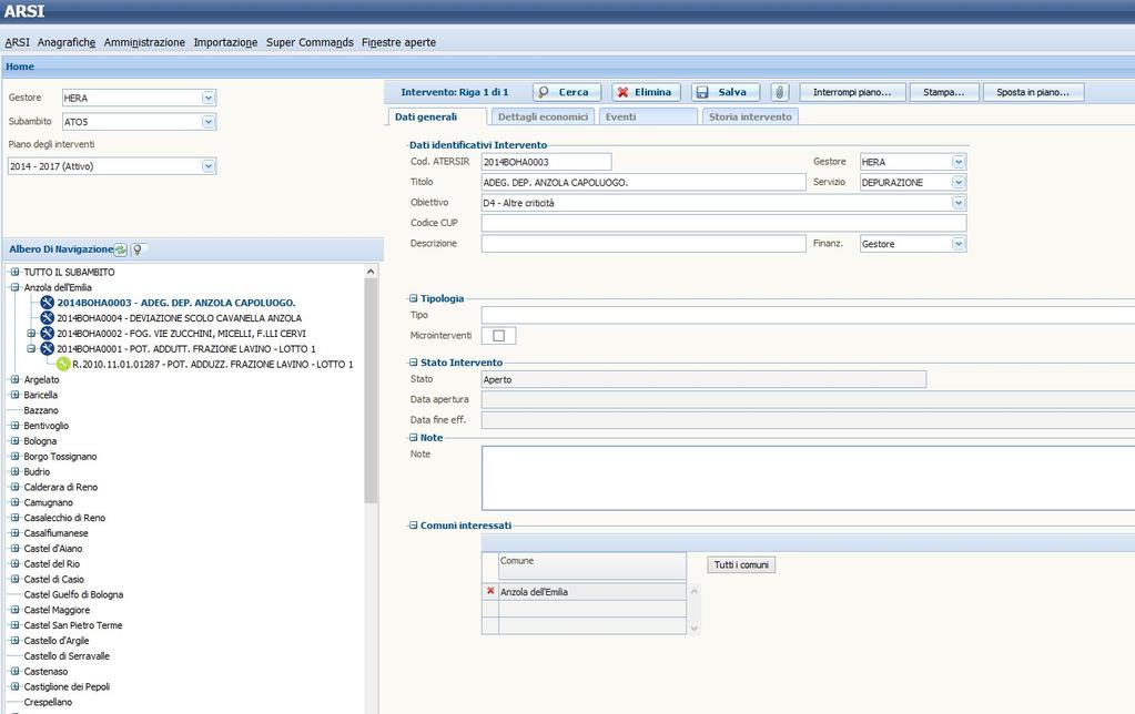 Dalla vista principale, una volta selezionato il Gestore, il Subambito ed il Piano degli interventi (di default viene proposto l'ultimo piano attivo) è possibile visualizzare gli interventi presenti