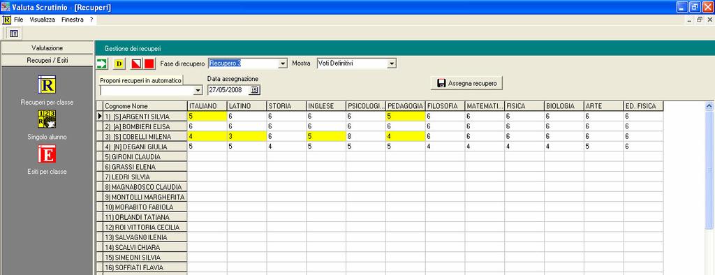 Per visualizzare i recuperi ed apportare le opportune modifiche, cliccare sull