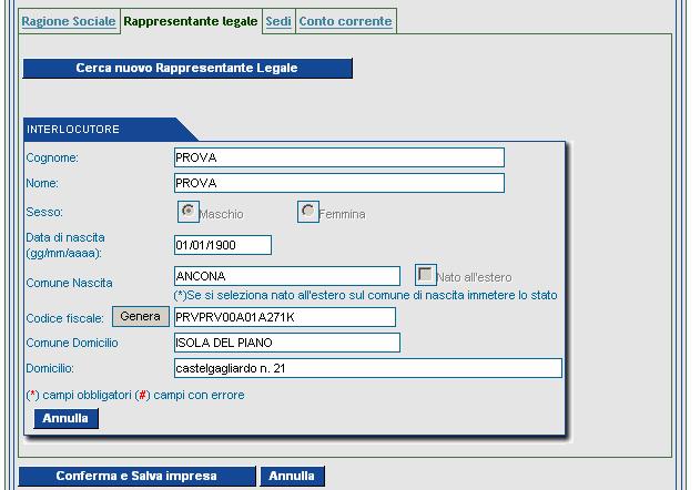 in archivio non è possibile modificare il rappresentante legale.