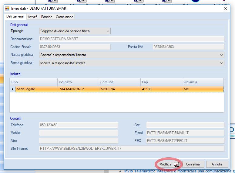 Note: Il tasto Modifica aprirà Anagrafica Unica.