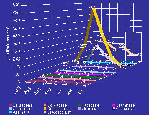 Bollettino n 11 settimana dal 21 al 27 marzo 2005 Mentre si mantiene a bassi livelli la pollinazione di Corylacee (nocciolo), Betulacee (betulla), Ulmacee (olmo) e Salicacee (salice) - queste ultime