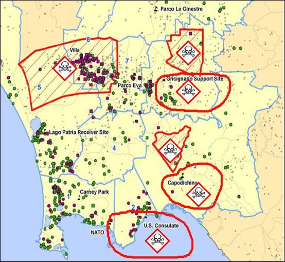 Tre di queste sono considerate zone rosse in corrispondenza delle quali i rischi per la salute sarebbero inaccettabili.