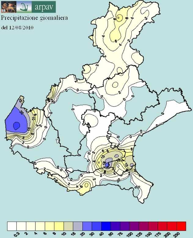 DATI DELLE STAZIONI DELLA RETE DI TELEMISURA In Figura 1 e Figura 2 si riportano le mappe di precipitazione giornaliera rispettivamente dei giorni 12/08/2010 e