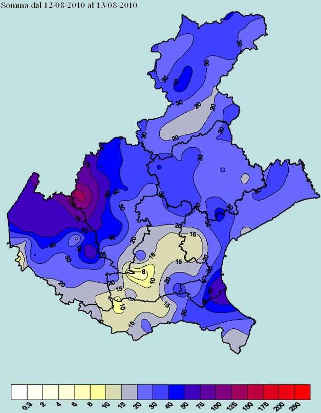 In Figura 3 si riporta la mappa della precipitazione cumulata nei due giorni, 12 e 13 agosto 2010. Figura 3. Mappa della precipitazione cumulata nei giorni 12 e 13 agosto 2010.