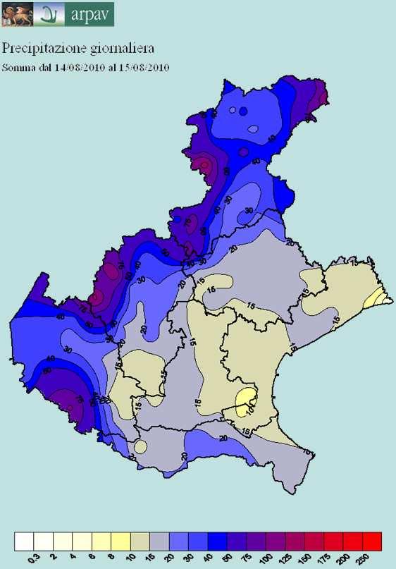 Figura 14. Mappa della precipitazione cumulata nei due giorni, 14 e 15 agosto 2010. In Figura 15 si riportano i dati medi areali e massimi puntuali registrati sabato 14 agosto 2010. Figura 15. Dati medi areali e massimi puntuali registrati sabato 14 agosto 2010.