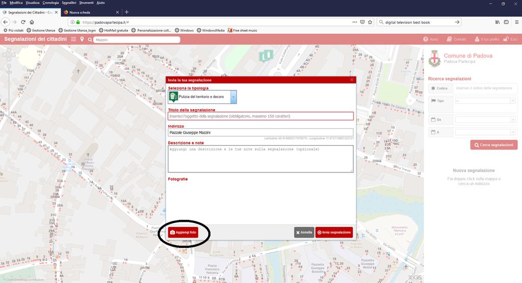 Compilare la segnalazione, selezionando la tipologia, scrivendo titolo,