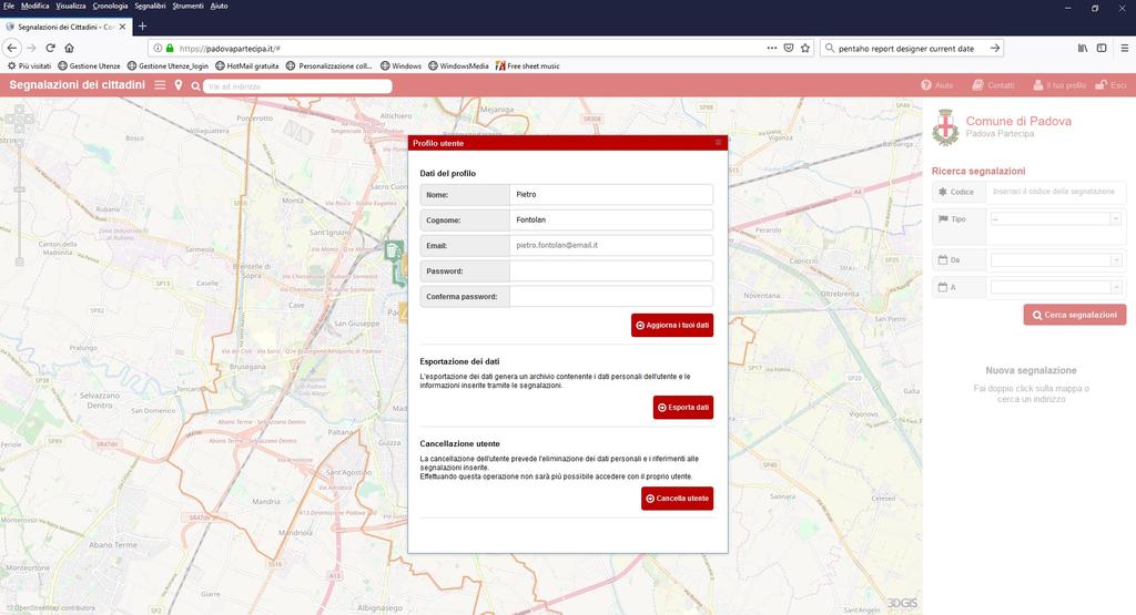 Un utente registrato può accedere ai propri dati e modificarli cliccando su Il mio profilo.