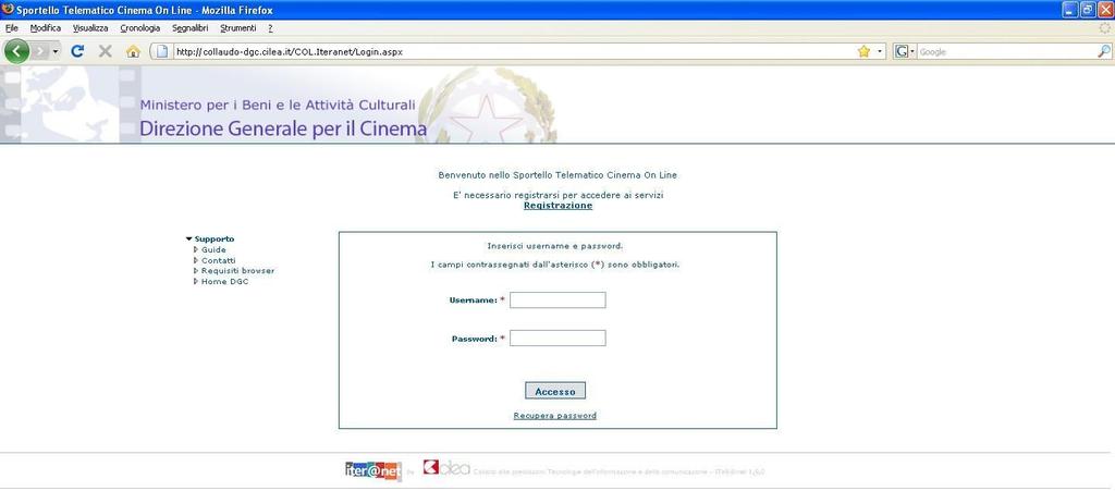 Gestione domande Per accedere alle attività di gestione delle domande, inserire username e password ed effettuare l accesso allo Sportello elematico nella pagina di login http://151.12.118.115/l.