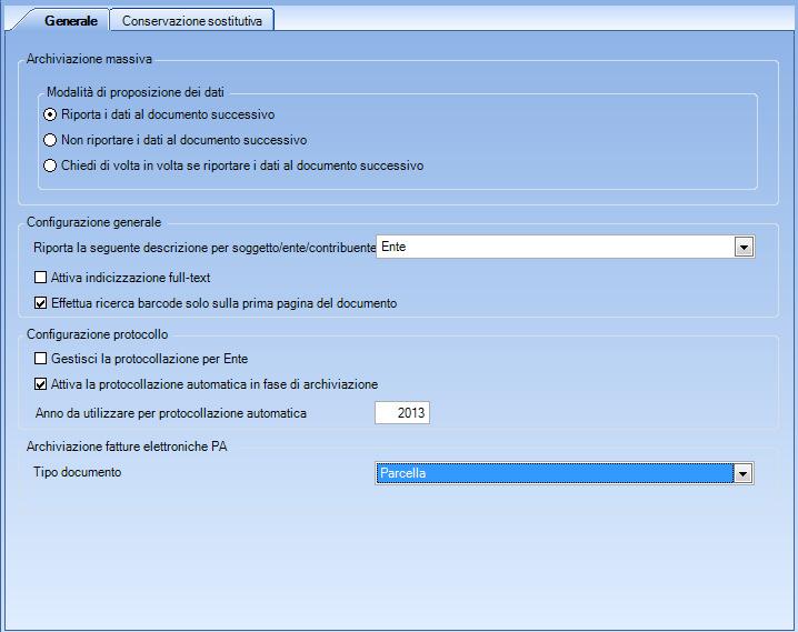 ARCHIVIAZIONE FATTURA PA Nella gestione parametri generali è stato aggiunto il tipo documento PARCELLA, per la gestione dell archiviazione fatture elettroniche PA.