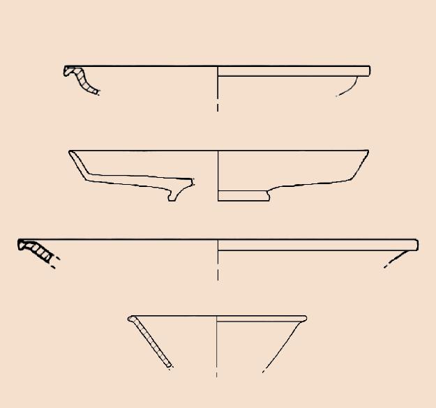 A questi va aggiunto il piattello con labbro a tesa orizzontale e vasca troncoconica, che deriva da modelli della presigillata volterrana 7.