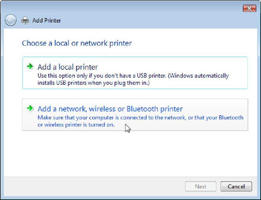Viene aperta la finestra "Aggiungi stampante". Fare clic su Aggiungi stampante di rete, wireless o Bluetooth.