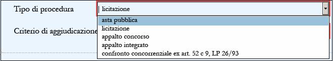 Criterio di aggiudicazione prescelto: campo con elenco a discesa da cui il compilatore può indicare il criterio prescelto. 8.