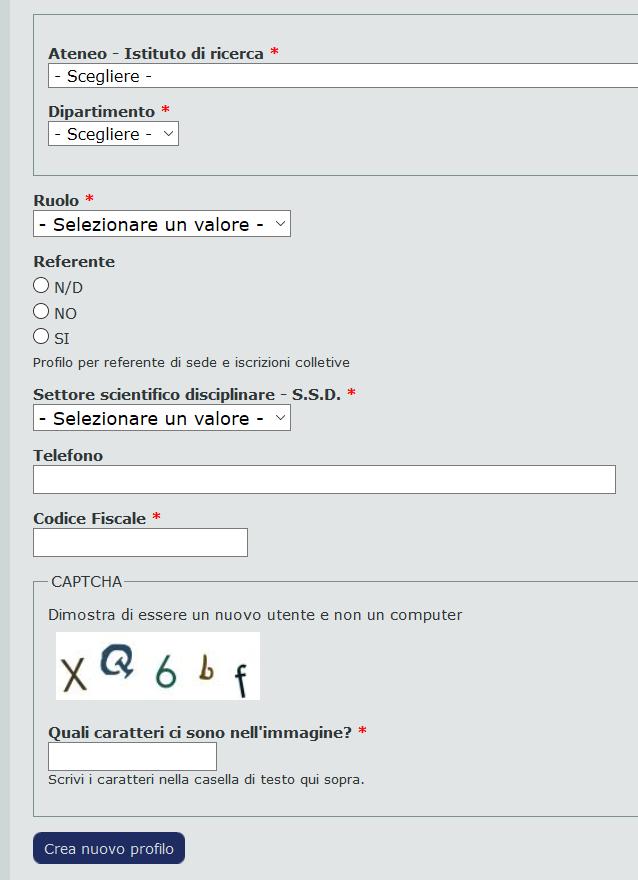 2 - Creazione nuovo profilo Per i nuovi membri è possibile richiedere un account cliccando sul pulsante «Crea nuovo profilo».