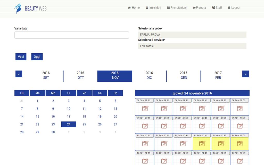 Una volta registrati e loggati, possiamo usare la sezione calendario prenotazione.