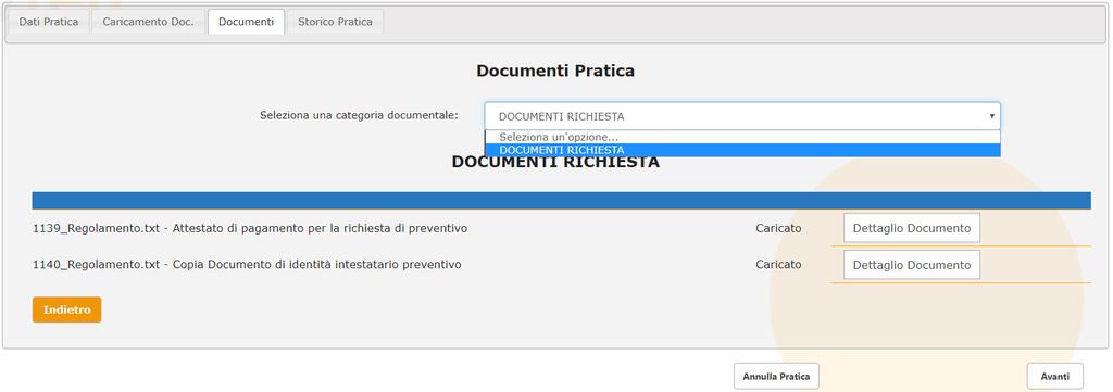 Figura 34 Visualizzazione Documenti Richiesta Storico Pratica In questa scheda, il Sistema visualizza un prospetto cronologico