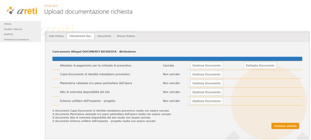 Figura 50 Documento mancante Passaggio di stato Ogni qual volta il richiedente effettua delle attività sul portale GeCA, prima di poter proseguire è necessario confermare