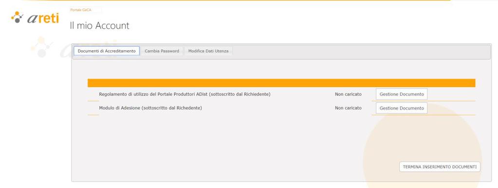 La pagina è suddivisa nelle seguenti schede: Documenti di Accreditamento Cambia Password Modifica Dati Utenza Documenti di Accreditamento Nella scheda Documenti di accreditamento è possibile