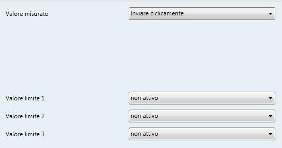 Luminosità Seguito Non inviare Inviare ciclicamente 3 Valore misurato Inviare con modifica Inviare con modifica o ciclicamente [] [Inviare ciclicamente] A partire dalla modifica in % 1.