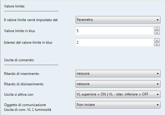 sopra è selezionato come vanno impostate anche le sue caratteristiche e quelle dell'uscita di comando. Il valore limite verrà impostato dal Parametro Oggetto di comunicazione Oggetto di com.