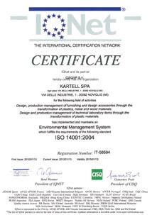 Dal 1996 Kartell ha certificato il proprio Sistema di Gestione della Qualità Aziendale, secondo le norme UNI EN ISO 9001; dal 2012 Kartell ha inoltre conseguito l ambiziosa certificazione UNI EN ISO