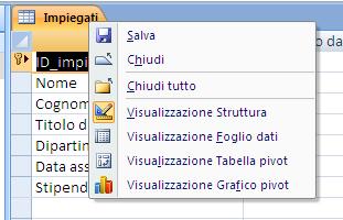 7. Chiudi la visualizzazione struttura e passa alla visualizzazione Foglio dati con il pulsante Visualizza (oppure facendo clic con il tasto destro sulla linguetta Impiegati nel riquadro centrale,