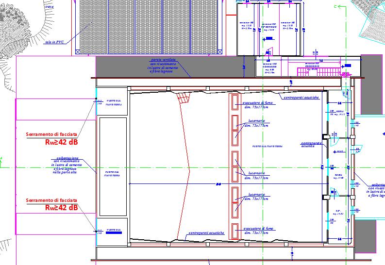 Figura 35 Indicazione delle caratteristiche prestazionali dei serramenti esterni (piano primo) Le pareti che delimitano i due blocchi bagni posti all interno della sala devono essere realizzate con