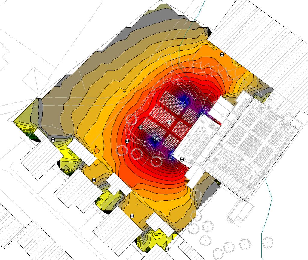 Figura 49 Mappe isofoniche per la configurazione dell acustica elettroamplificata e l ipotesi 1 (no interventi)