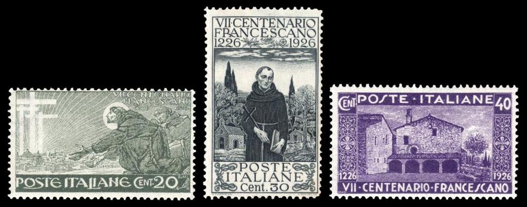 30 gennaio/ ottobre 1926 7 CENTENARIO DELLA MORTE DI SAN FRANCESCO Stampa: litografica nn. 324, 326, 327; calcografia gli altri Fogli: 50 x 4 per i nn.