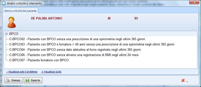 Elenco dei pazienti con criticità per BPCO e criticità del