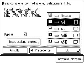 Quando sono installati il Saddle Finisher-G1 con pinzatura a sella e Puncher Unit- J1 o G1 e lo slot di uscita del Vassoio A non è selezionato Se si desidera la foratura, premere il tasto Foratura.