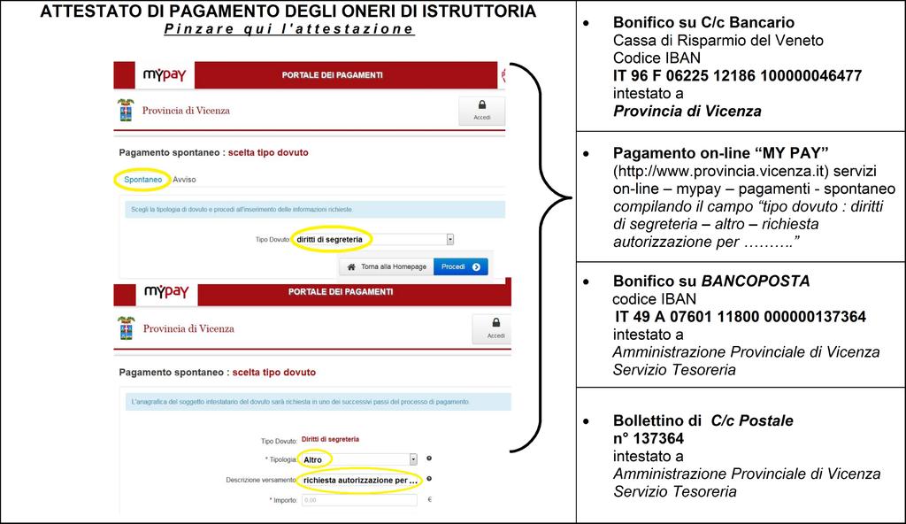 Oneri d'istruttoria / Diritti di segreteria L importo degli oneri d istruttoria è di 65,00 che dovrà essere versato anticipatamente utilizzando una delle modalità sotto elencate (barrare quella