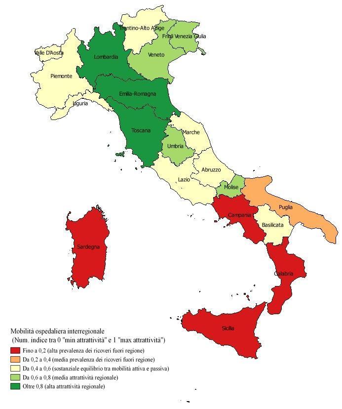 Ricovero ordinario pazienti provenienti da altre regioni v.a. (% sul totale naz.) Ricoveri ordinari per acuti fuori regione per 1.