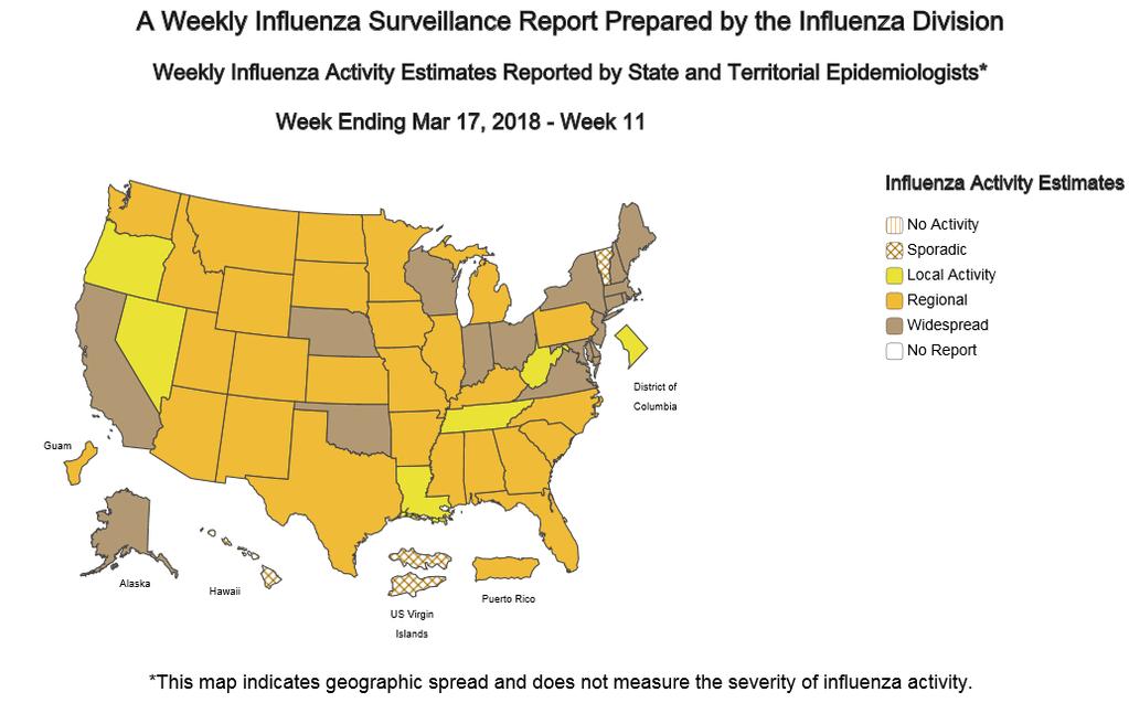 USA Durante la settimana 11/2018 la circolazione dei virus influenzali negli Stati Uniti risulta in ulteriore diminuzione, come evidenziato nella mappa sottostante, aggiornata al 17 marzo 2018.