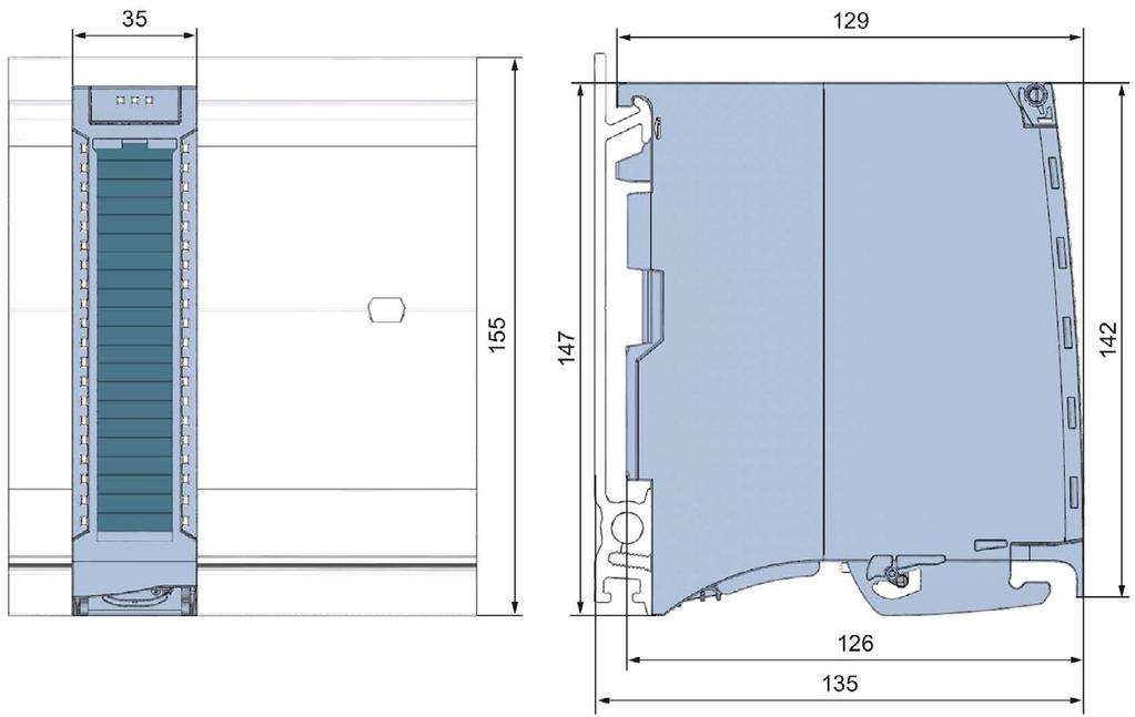 Disegno quotato A L'appendice comprende il disegno quotato del modulo montato su una guida profilata e un disegno quotato con sportellino frontale aperto.